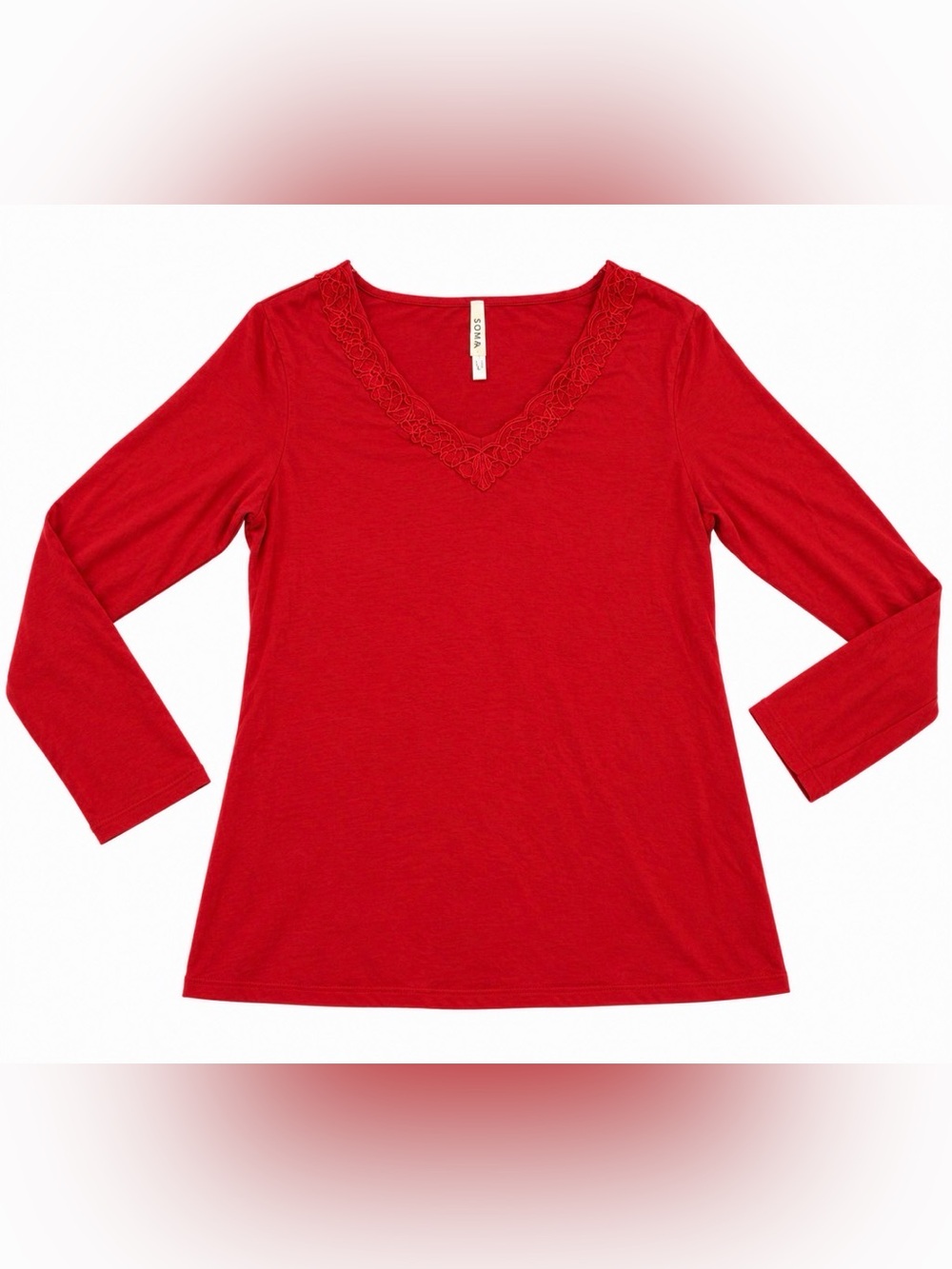 Soma Cool Nights Red V-Neck Long Sleeve PJ Top with Lace Detail Large Super soft